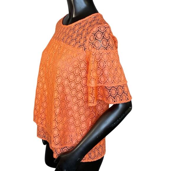 NY Collection Lacy Coral Blouse Short Sleeve Womens Size MP Flowy Lined Lace - Picture 2 of 6